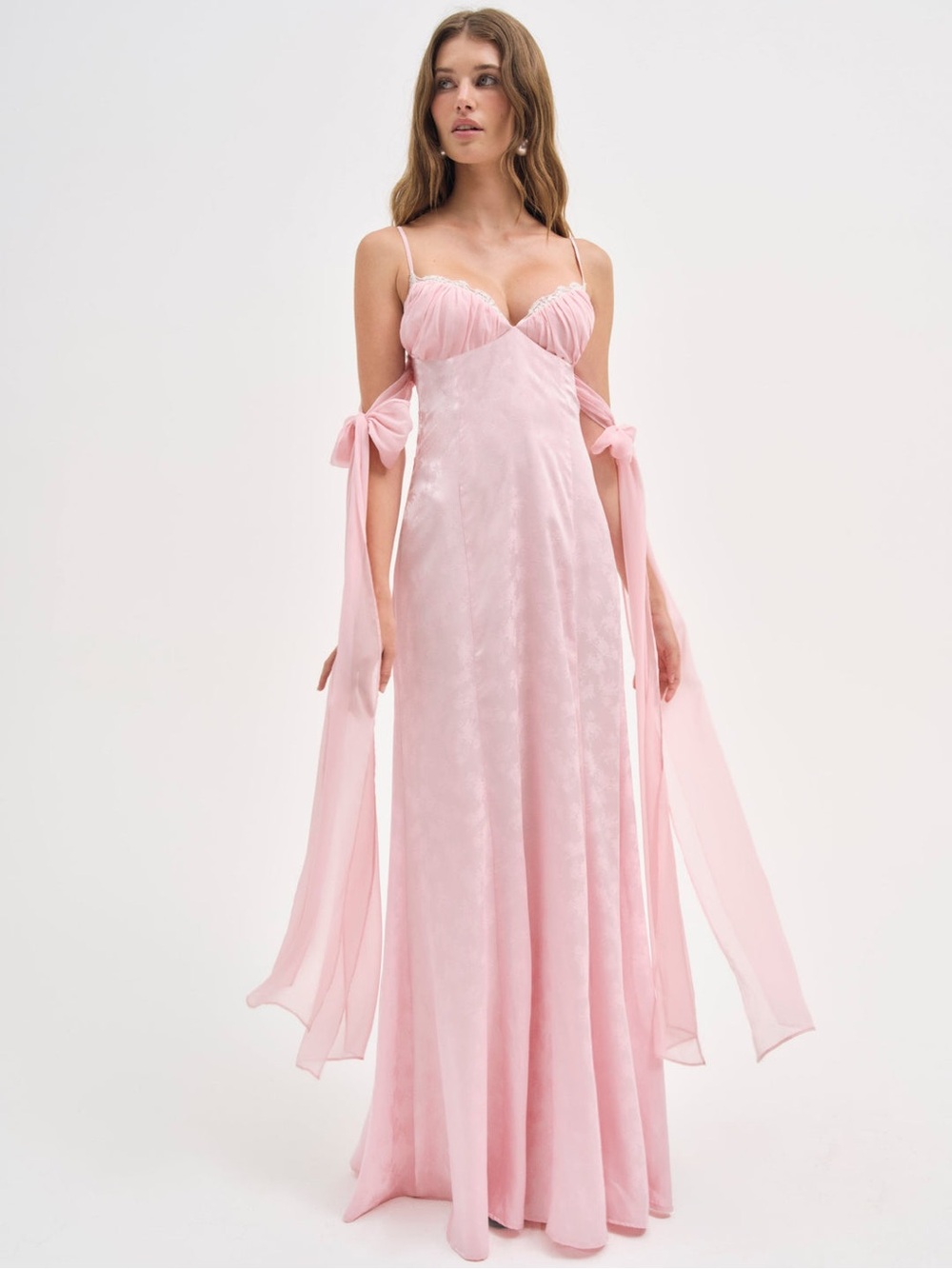 $489 NWT For Love And Lemons “Sheila” Chiffon Maxi Gown in Pink #2 Sz X-Small